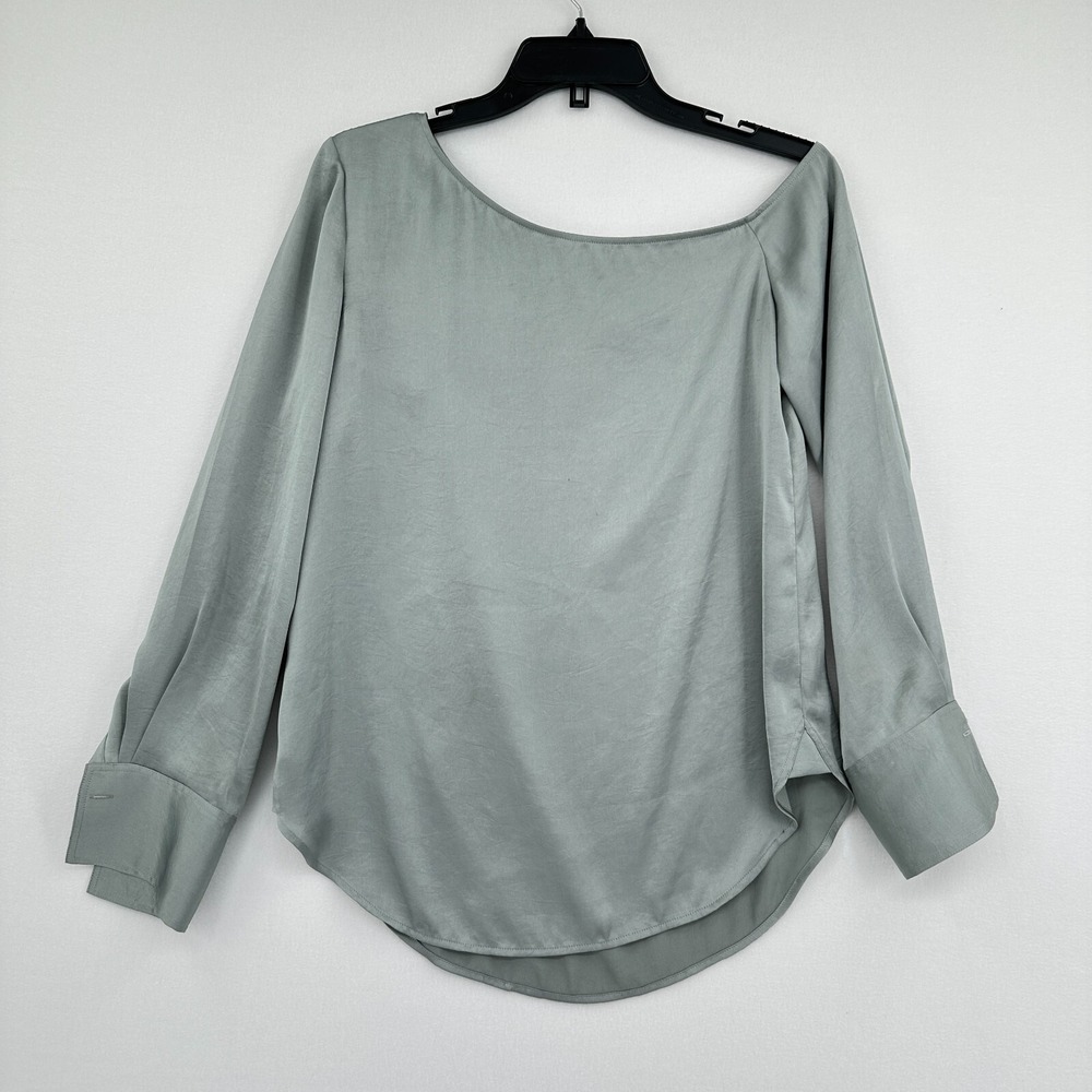 Theory Top Women S Gray Crushed Satin Boat Neck Minimalist Blouse Office Formal‎